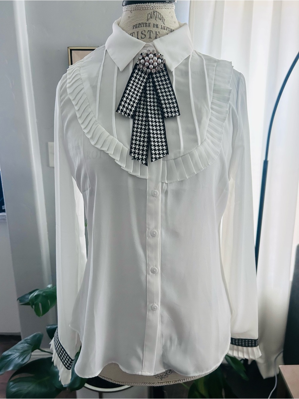 Fashion Nova White Ruffle Collar Blouse with Houndstooth Bow Accent - Picture 3 of 10